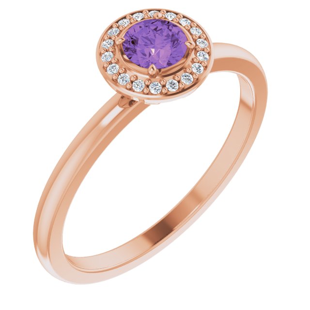 14K Gold Round Natural Amethyst Halo-Style Ring - Rose Gold
