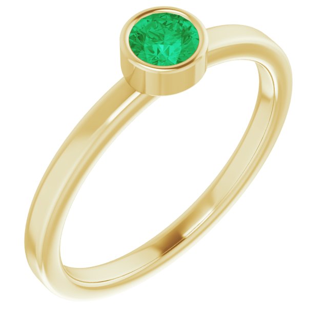 14K Gold Round Natural Emerald Bezel-Set Solitaire Ring - Yellow Gold