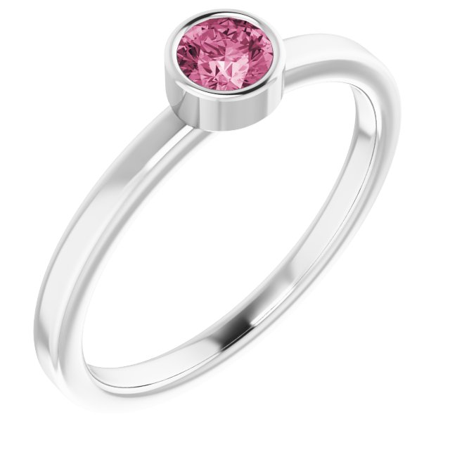 Platinum Round Natural Pink Tourmaline Bezel-Set Solitaire Ring