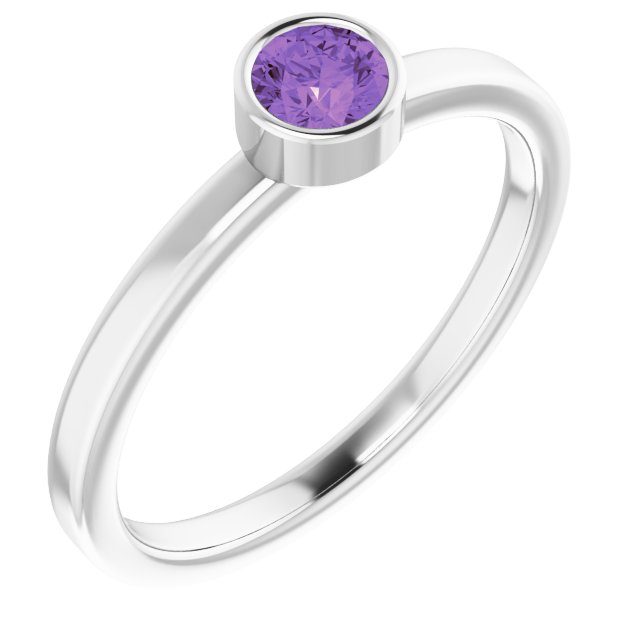 14K Gold Round Natural Amethyst Bezel-Set Solitaire Ring - White Gold