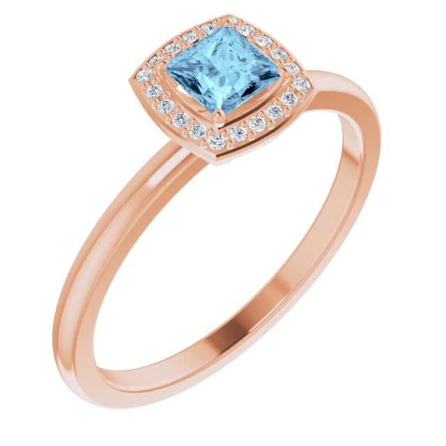 14K Gold Square Natural Aquamarine Halo-Style Ring - Rose Gold