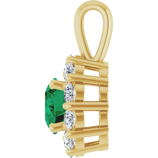 14K Gold Round Lab-Grown Emerald Halo-Style Pendant - Yellow Gold - view 3