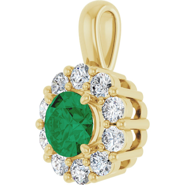 14K Gold Round Lab-Grown Emerald Halo-Style Pendant - Yellow Gold - view 2