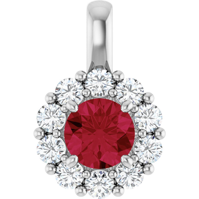 14K Gold Round Lab-Grown Ruby Halo-Style Pendant - White Gold