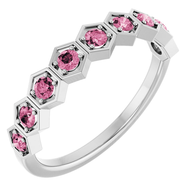 Platinum Round Natural Pink Tourmaline Stackable Geometric Ring