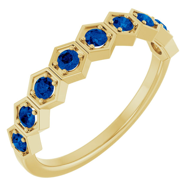 14K Gold Round Natural Blue Sapphire Stackable Geometric Ring - Yellow Gold