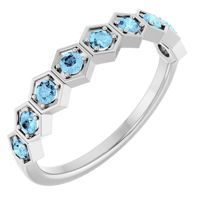 14K Gold Round Natural Aquamarine Stackable Geometric Ring - White Gold