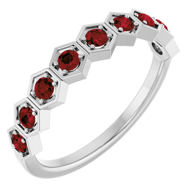 14K Gold Round Natural Mozambique Garnet Stackable Geometric Ring - White Gold