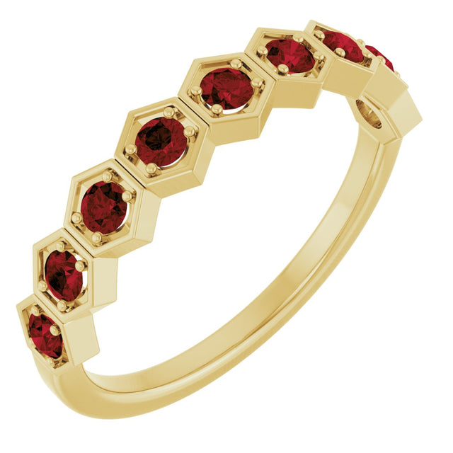 14K Gold Round Natural Mozambique Garnet Stackable Geometric Ring - Yellow Gold