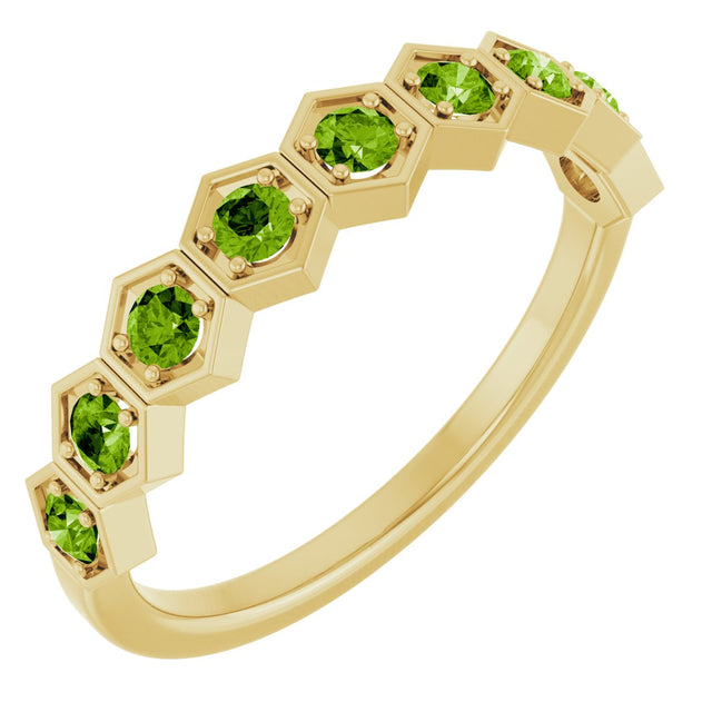 14K Gold Round Natural Peridot Stackable Geometric Ring - Yellow Gold