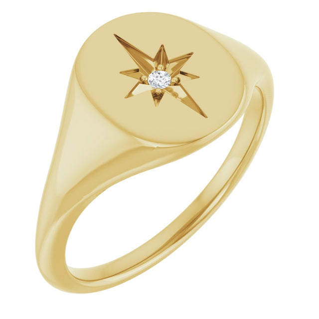 14K Gold Round Natural Diamond Oval Starburst Signet Ring - Yellow Gold