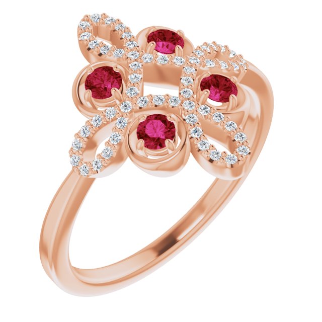 14K Gold Round Natural Ruby Clover Ring – 2.5mm Stones - Rose Gold