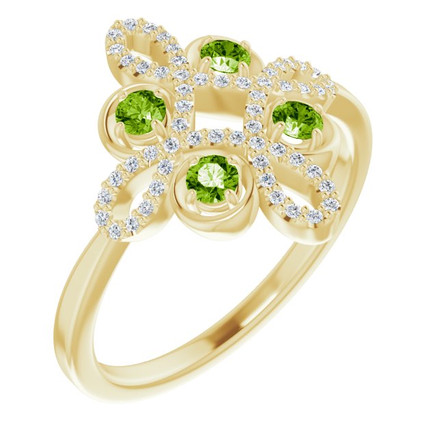 14K Gold Round Natural Peridot Clover Ring – 2.5mm Stones - Yellow Gold