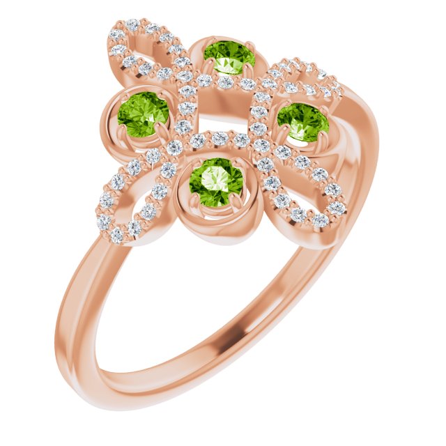 14K Gold Round Natural Peridot Clover Ring – 2.5mm Stones - Rose Gold