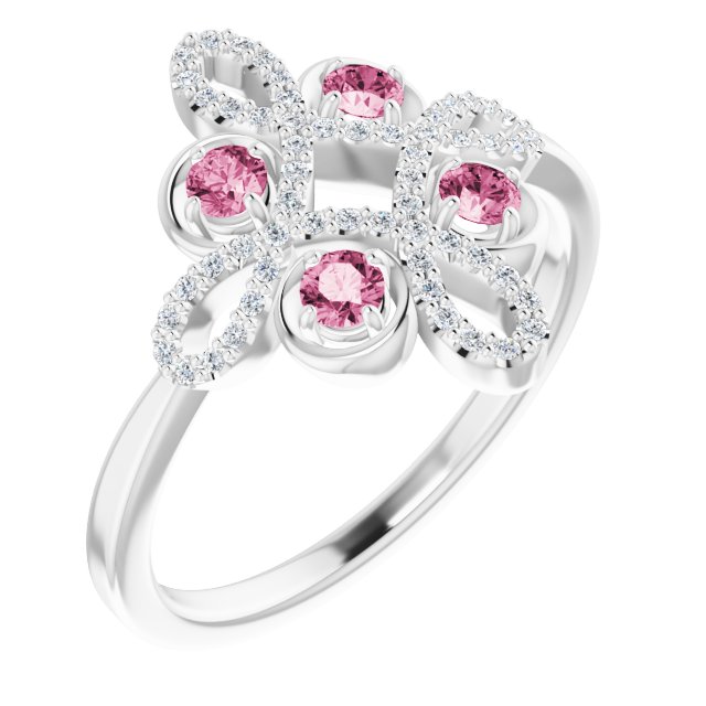 14K Gold Round Natural Pink Tourmaline Clover Ring – 2.5mm Stones - White Gold