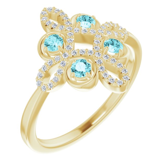 14K Gold Round Natural Blue Zircon Clover Ring – 2.5mm Stones - Yellow Gold