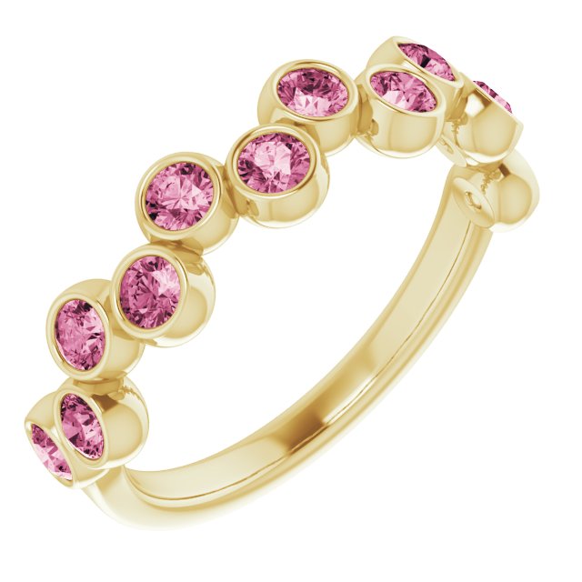14K Gold Round Natural Pink Tourmaline Bezel-Set Ring – 2.5mm Stones - Yellow Gold