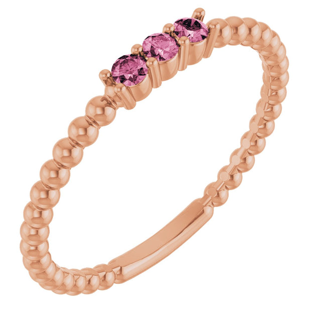14K Gold Round Natural Pink Tourmaline Beaded Ring - Rose Gold