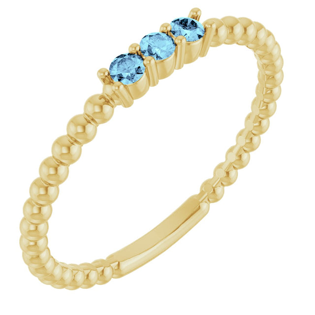 14K Gold Round Natural Aquamarine Beaded Ring - Yellow Gold