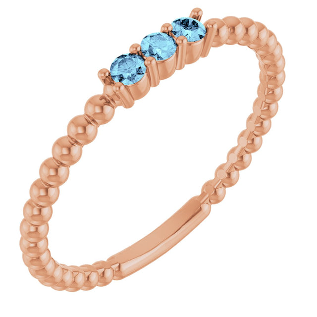 14K Gold Round Natural Aquamarine Beaded Ring - Rose Gold