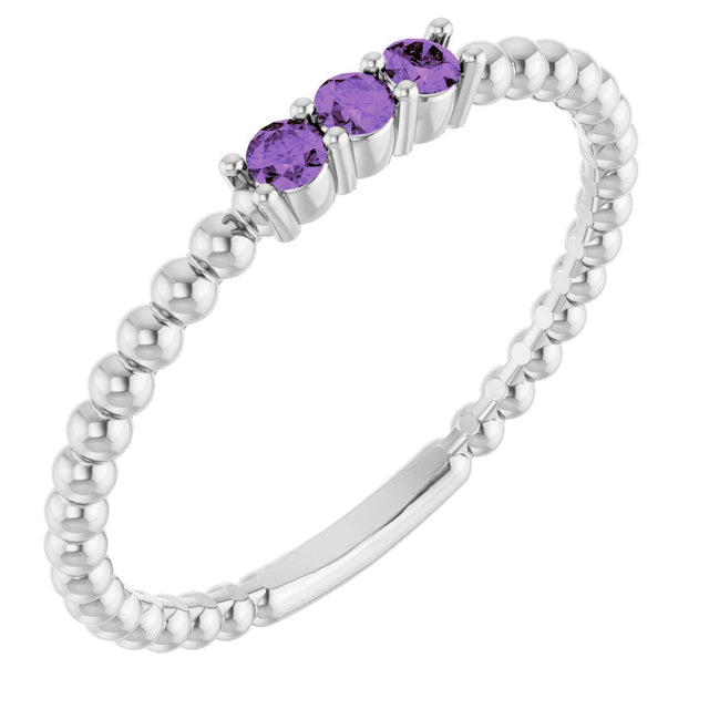 Platinum Round Natural Amethyst Beaded Ring
