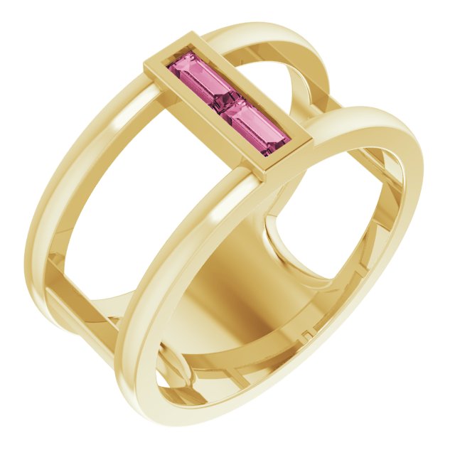 14K Gold Straight Baguette Natural Pink Tourmaline Baguette Negative Space Ring - Yellow Gold