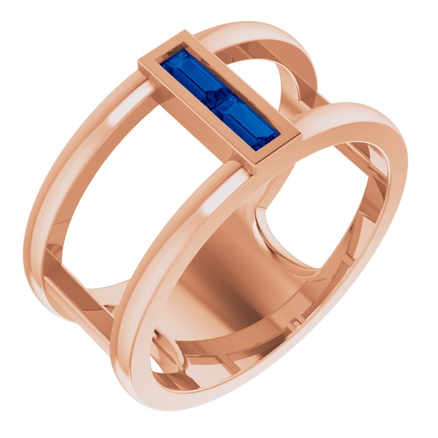 14K Gold Straight Baguette Natural Blue Sapphire Baguette Negative Space Ring - Rose Gold
