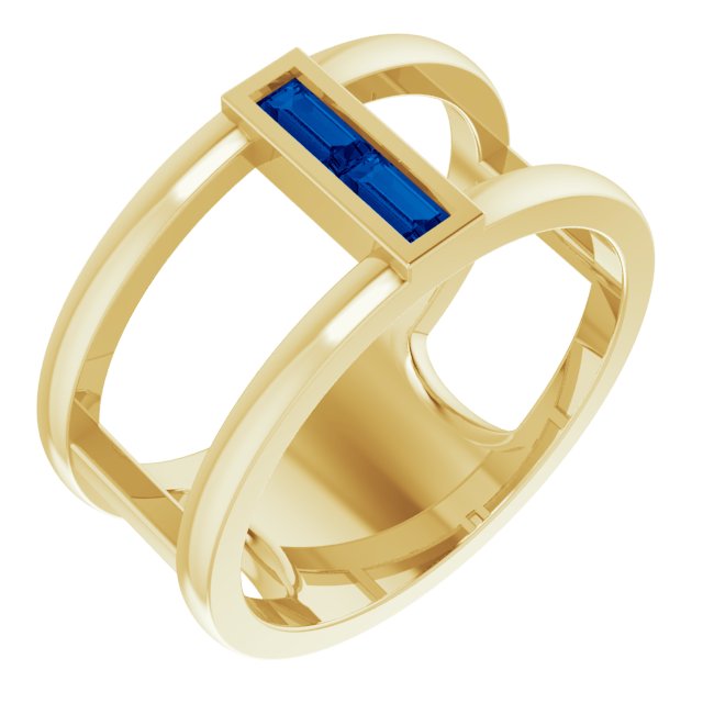 14K Gold Straight Baguette Natural Blue Sapphire Baguette Negative Space Ring - Yellow Gold