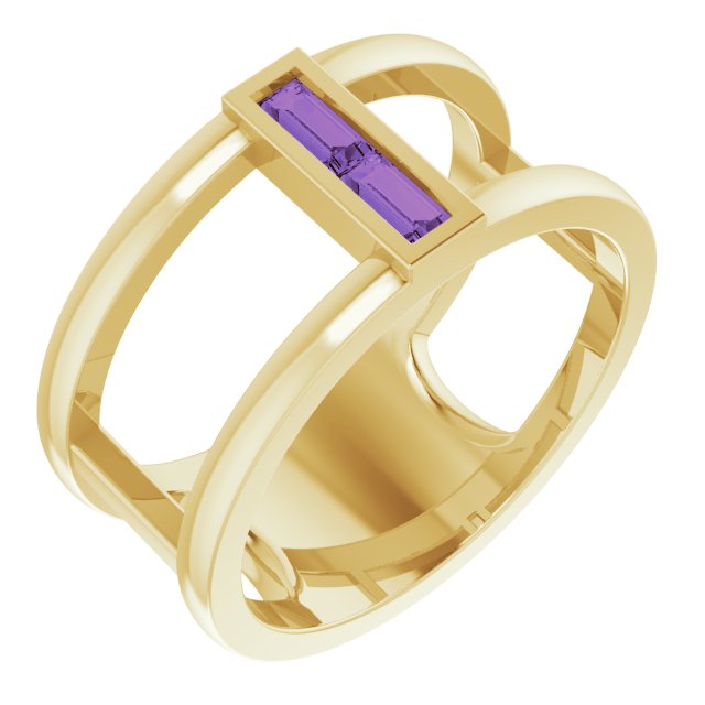 14K Gold Straight Baguette Natural Amethyst Baguette Negative Space Ring - Yellow Gold