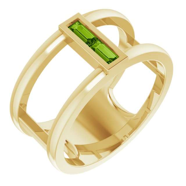 14K Gold Straight Baguette Natural Peridot Baguette Negative Space Ring - Yellow Gold