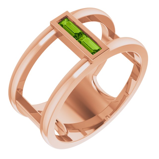 14K Gold Straight Baguette Natural Peridot Baguette Negative Space Ring - Rose Gold
