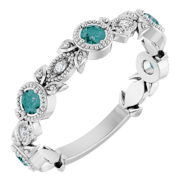 14K Gold Round Natural Alexandrite Leaf Ring - White Gold