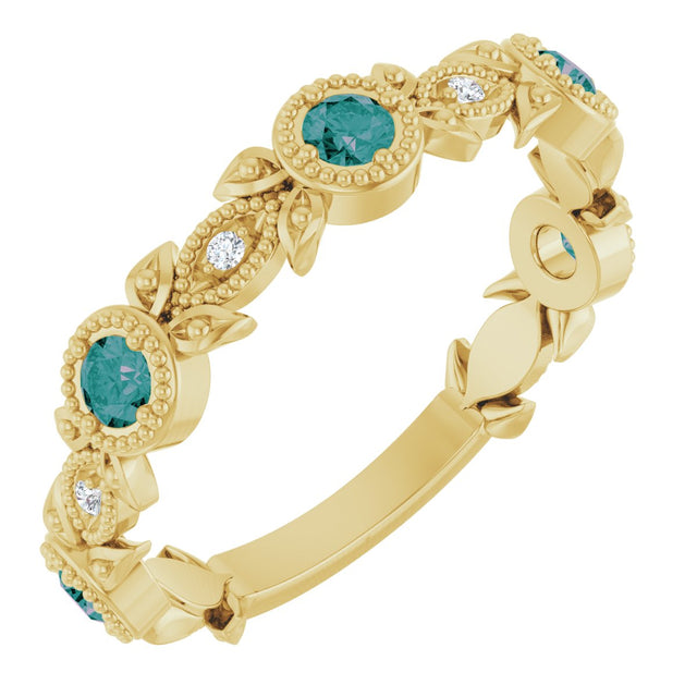 14K Gold Round Natural Alexandrite Leaf Ring - Yellow Gold