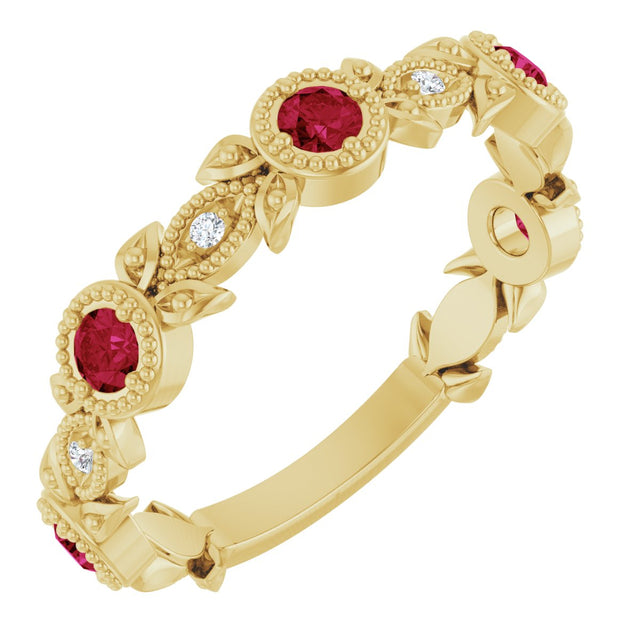 14K Gold Round Natural Lab-Grown Ruby Leaf Ring - Yellow Gold