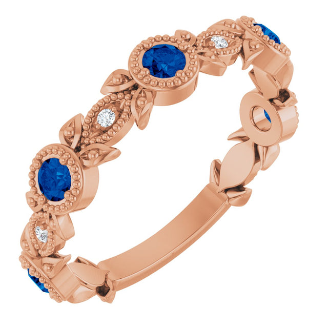 14K Gold Round Natural Blue Sapphire Leaf Ring - Rose Gold