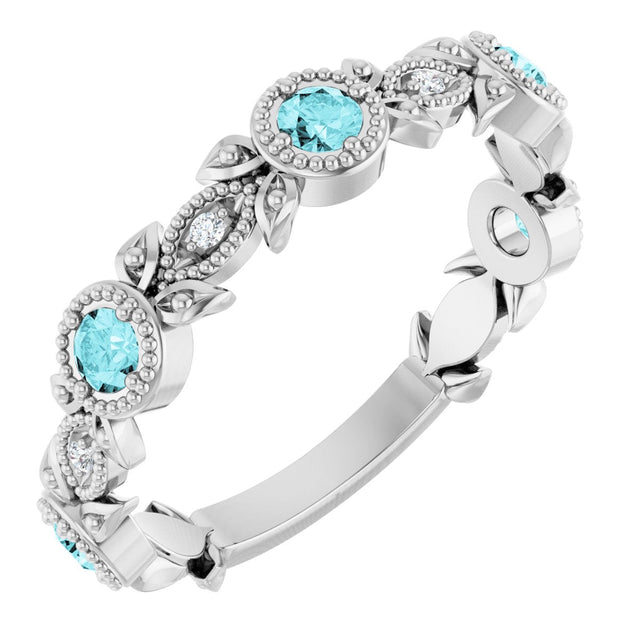 14K Gold Round Natural Blue Zircon Leaf Ring - White Gold