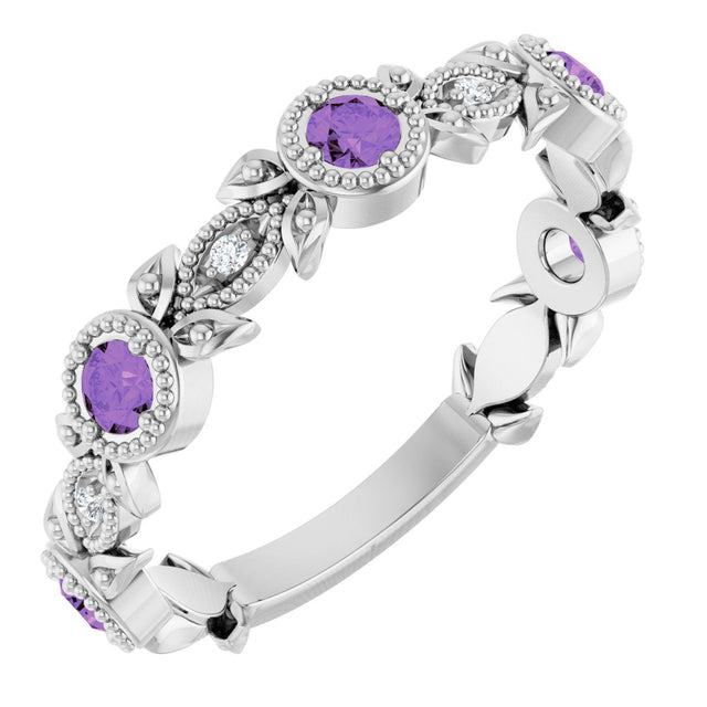 Platinum Round Natural Amethyst Leaf Ring