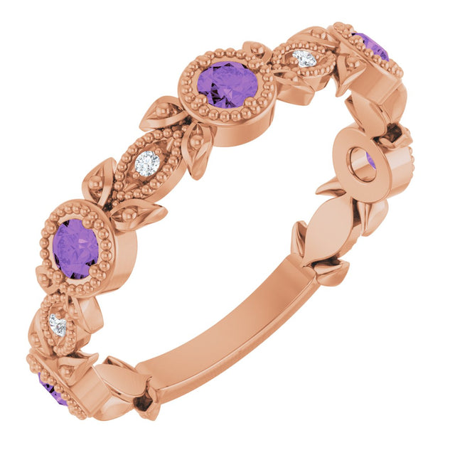 14K Gold Round Natural Amethyst Leaf Ring - Rose Gold