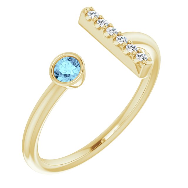 14K Gold Round Natural Aquamarine Bar Ring - Yellow Gold