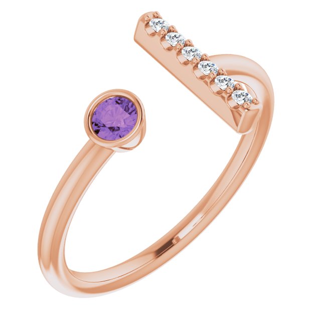 14K Gold Round Natural Amethyst Bar Ring - Rose Gold