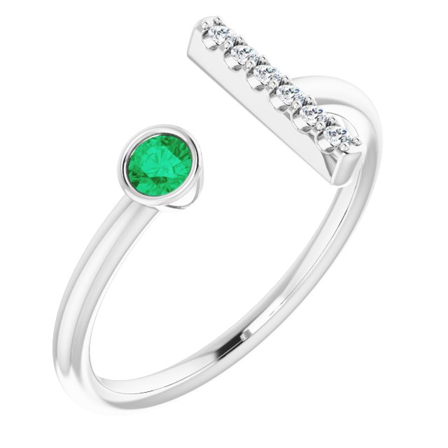 14K Gold Round Lab-Grown Emerald Bar Ring - White Gold