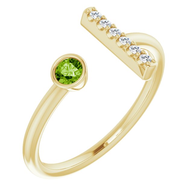 14K Gold Round Natural Peridot Bar Ring - Yellow Gold