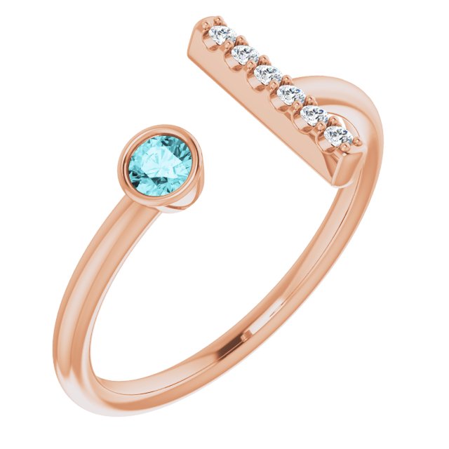14K Gold Round Natural Blue Zircon Bar Ring - Rose Gold