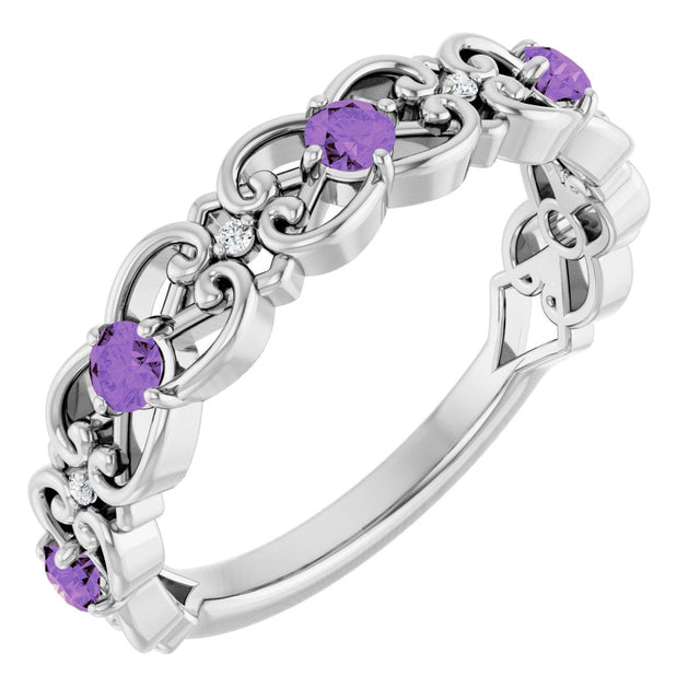 14K Gold Round Natural Amethyst Vintage-Inspired Scroll Ring - White Gold