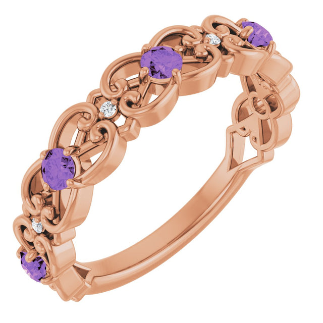 14K Gold Round Natural Amethyst Vintage-Inspired Scroll Ring - Rose Gold