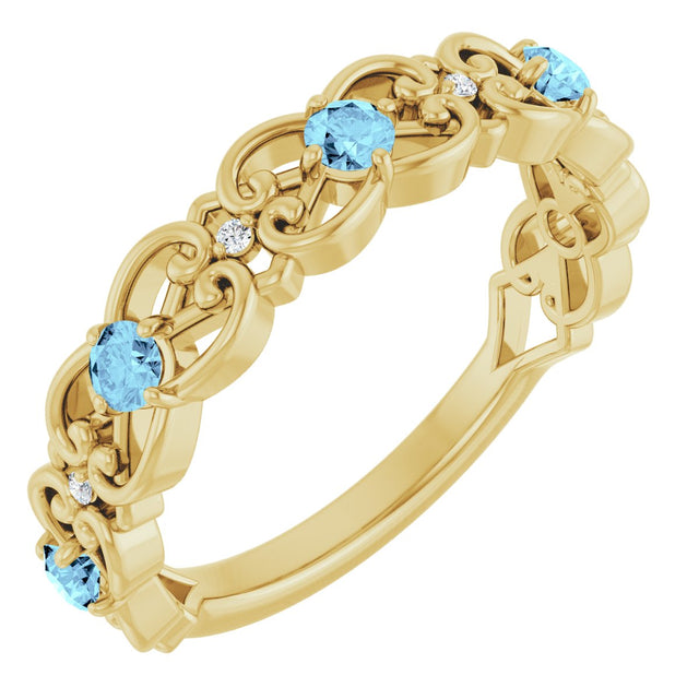 14K Gold Round Natural Aquamarine Vintage-Inspired Scroll Ring - Yellow Gold