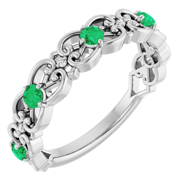 Platinum Round Lab-Grown Emerald Vintage-Inspired Scroll Ring