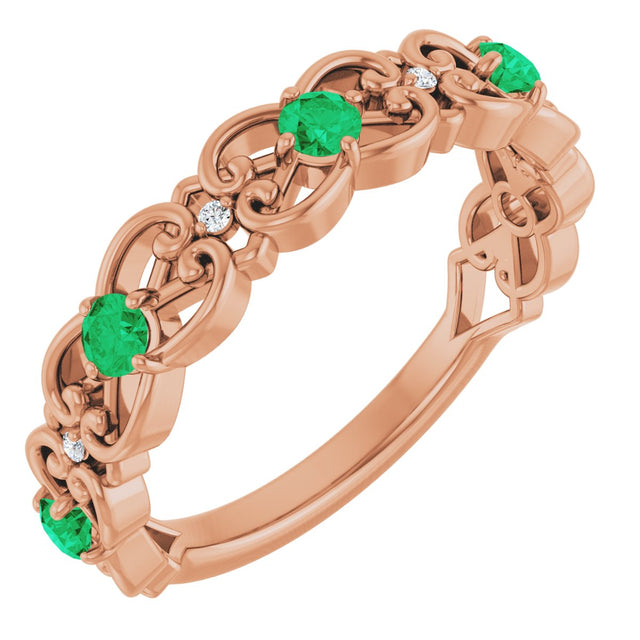 14K Gold Round Natural Emerald Vintage-Inspired Scroll Ring - Rose Gold