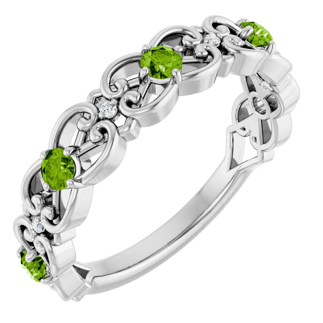 Platinum Round Natural Peridot Vintage-Inspired Scroll Ring
