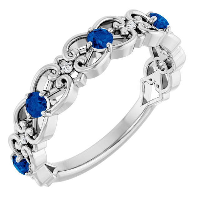 Platinum Round Lab-Grown Blue Sapphire Vintage-Inspired Scroll Ring